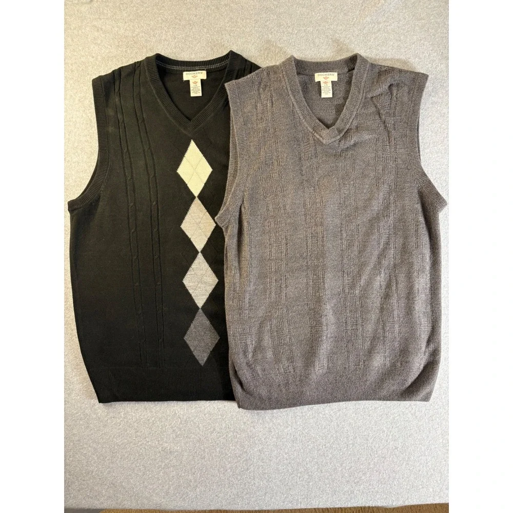 Dockers Mens V-Neck Sweater Vest Gray‎ Textured Knit Sleeveless Pullover Large